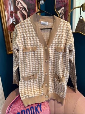 Beige Houndstooth Knit Cardigan Sweater